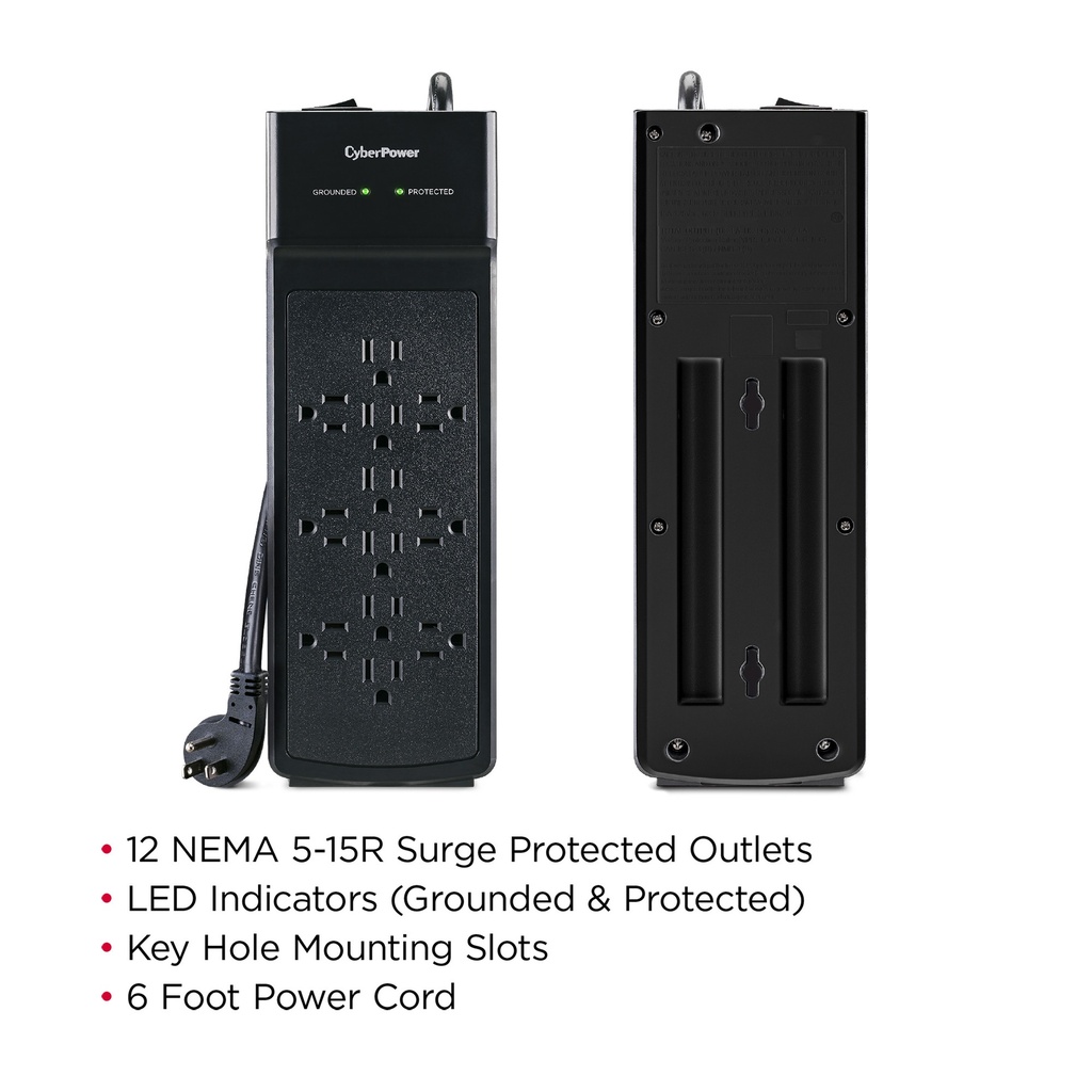 CyberPower B1206 - 3000 Joule Black Surge Protector with 12 Outlets and 6 ft Cord