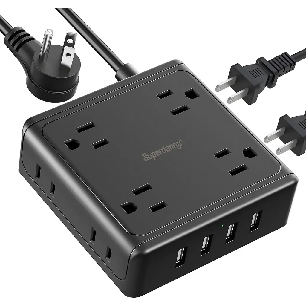 SUPERDANNY Surge Protector Power Strip with 8 Outlet 4 USB Flat Plug Outlet Extender 5 ft Black