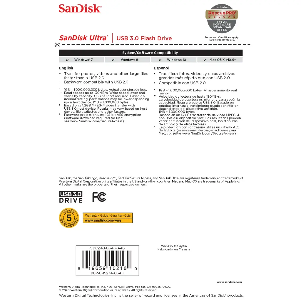 SanDisk 64GB Ultra USB 3.0 Flash Drive - 130MB/s - SDCZ48-064G-AW46