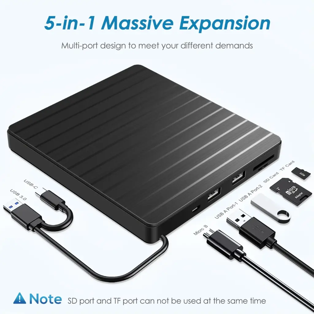 External CD DVD Drive for Laptop, 5-in-1 USB 3.0 Type-C CD DVD ROM +/-RW Burner Writer Reader, iFanze Slim Portable Optical Disk Drive CD DVD Player for Mac Book Linux OS Windows