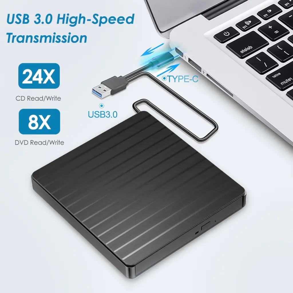 External CD DVD Drive for Laptop, 5-in-1 USB 3.0 Type-C CD DVD ROM +/-RW Burner Writer Reader, iFanze Slim Portable Optical Disk Drive CD DVD Player for Mac Book Linux OS Windows