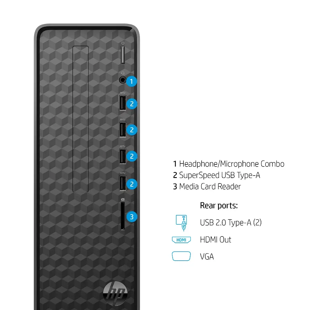 HP Slim Desktop, Intel Celeron J4025, 4GB RAM, 256GB SSD, Dark Black, Windows 11 Home, S01-aF2003w