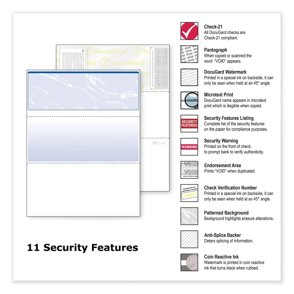 Security Business Checks, 11 Features, 8.5 x 11, Blue Marble Top, 500/Ream