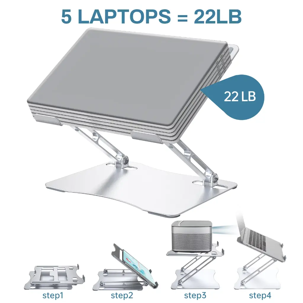 Laptop Stand for Desk, 10-17" Foldable Computer Stand Holder, Ergonomic Aluminum Laptop Holder, Adjustable Laptop Riser with Heat-Vent for Apple Mac / iPad / HP / DELL - Sliver