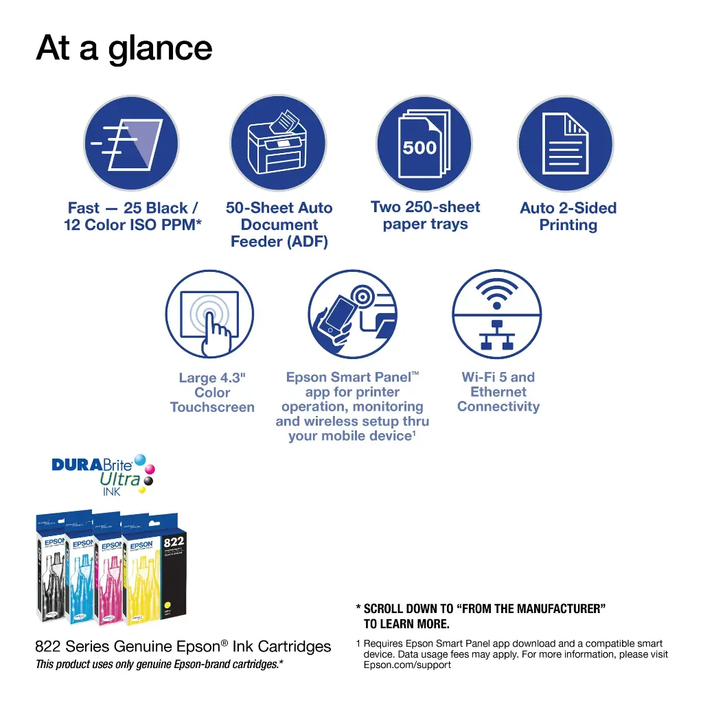 Epson WorkForce Pro WF-4833 Wireless All-in-One Printer with Auto 2-Sided Print, Copy, Scan and Fax, 50-Page ADF, 500-Sheet Paper Capacity, and 4.3"