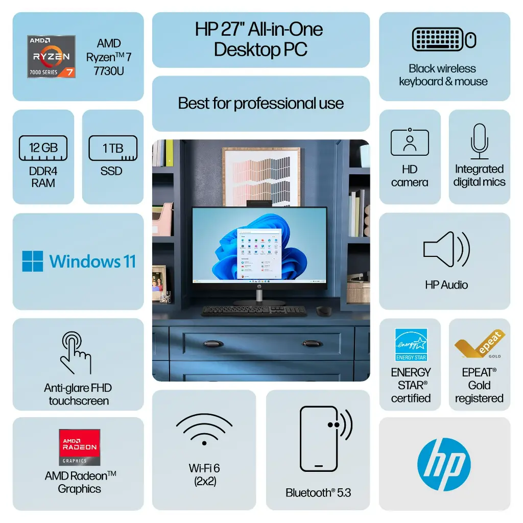 HP 27 inch Touch All-in-One Desktop AMD Ryzen 7-7730U 12GB RAM 1TB SSD Jet Black
