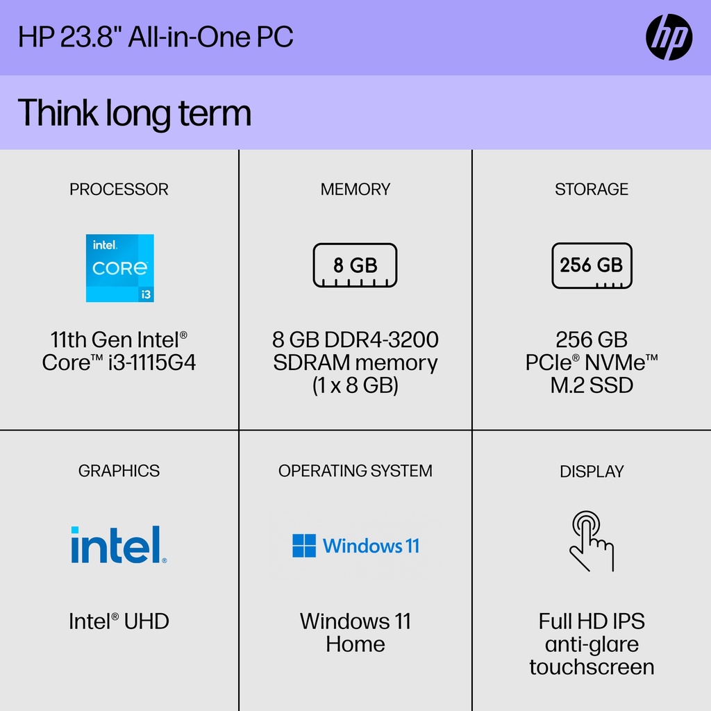 HP 23.8" Touch FHD All-in-One PC, Intel Core i3-1115G4, 8GB SDRAM, 256GB SSD, Snow White, Windows 11 Home, 24-df1053w