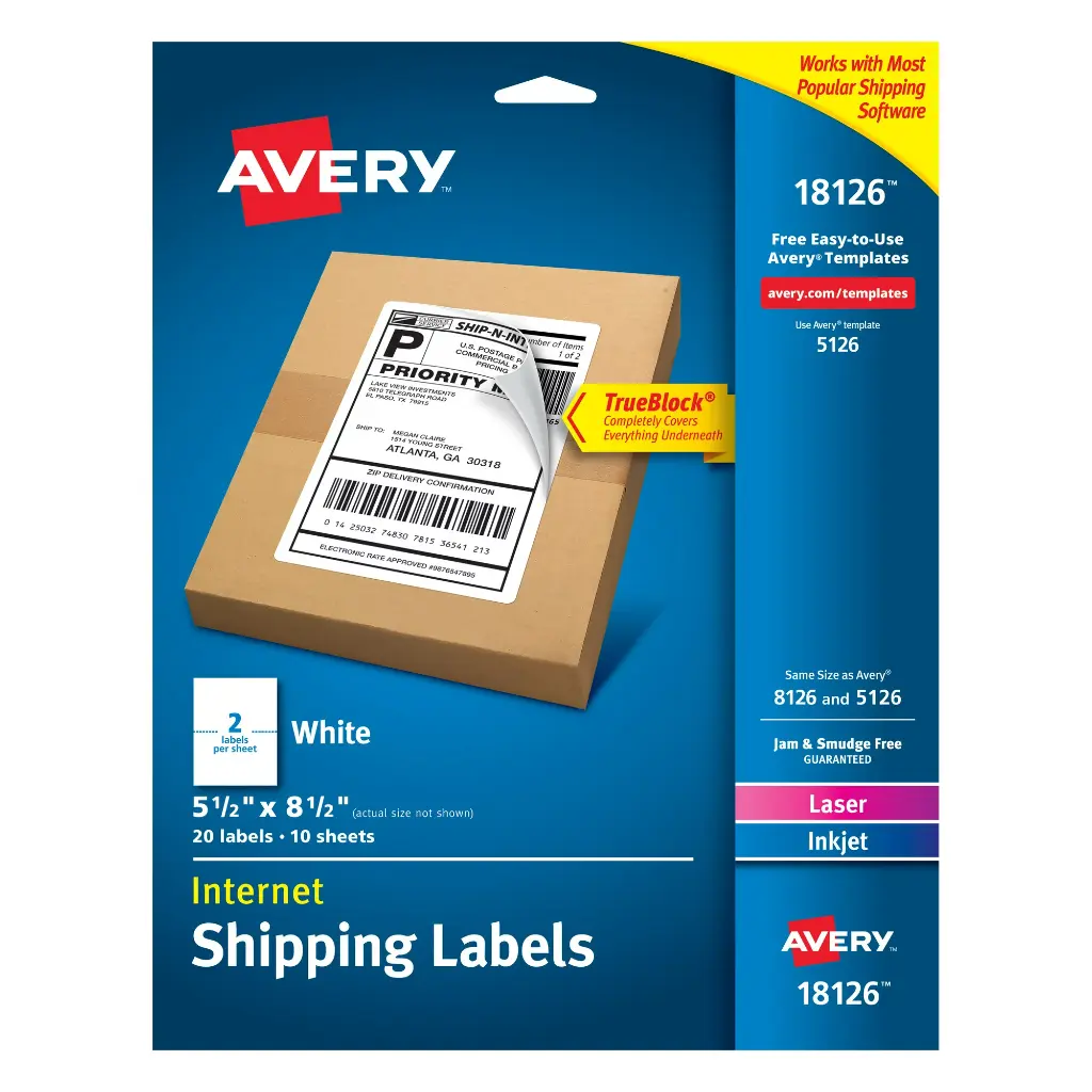 Avery Shipping Labels, 5.5 x 8.5, White, TrueBlock, Inkjet, 20 Labels 