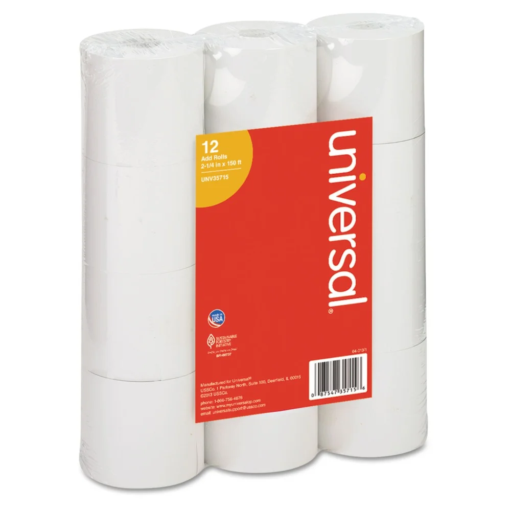 Impact and Inkjet Print Bond Paper Rolls 0.5&quot; Core, 2.25&quot; x 150 ft, White, 12/Pack