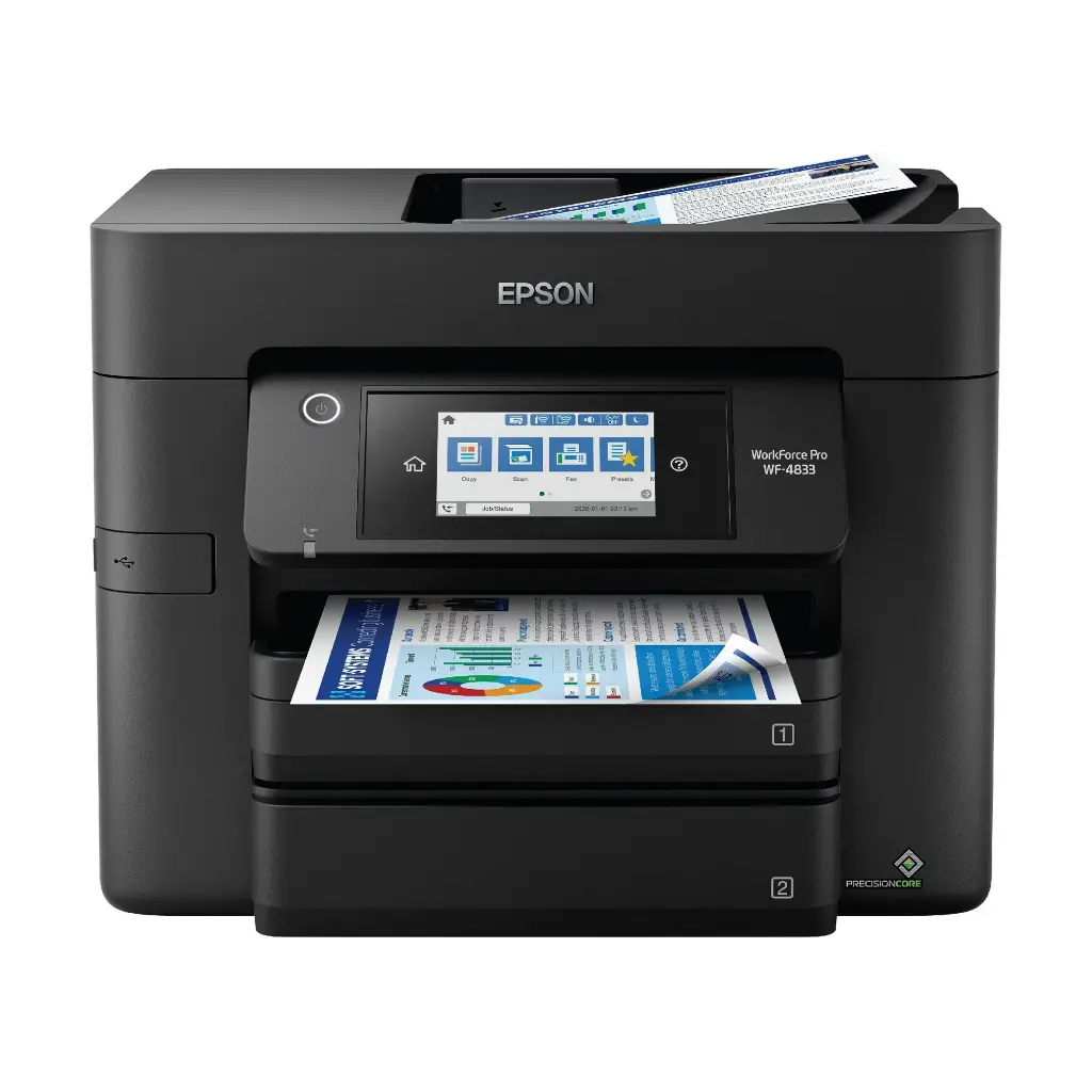 Epson WorkForce Pro WF-4833 Wireless All-in-One Printer with Auto 2-Sided Print, Copy, Scan and Fax, 50-Page ADF, 500-Sheet Paper Capacity, and 4.3"