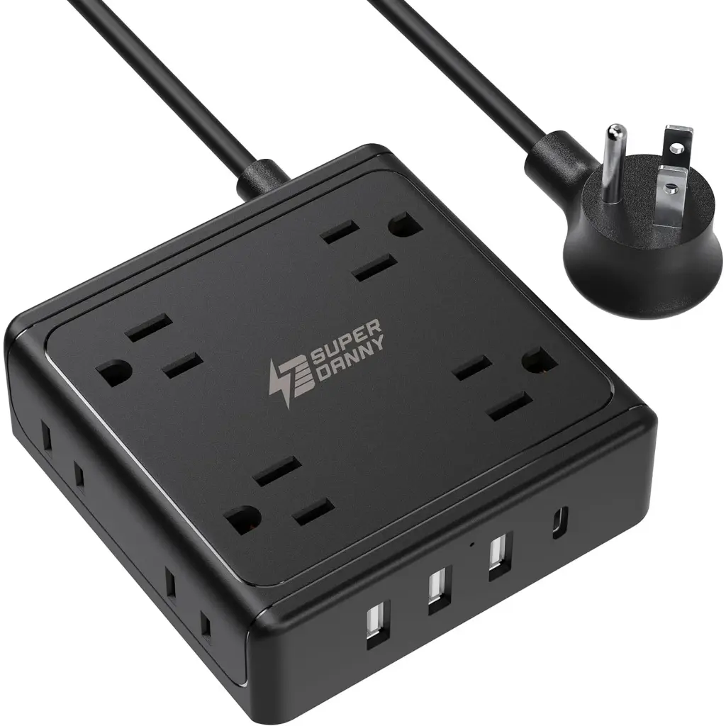 SUPERDANNY Surge Protector Power Strip with 8 Outlet 4 USB Flat Plug Outlet Extender 5 ft Black
