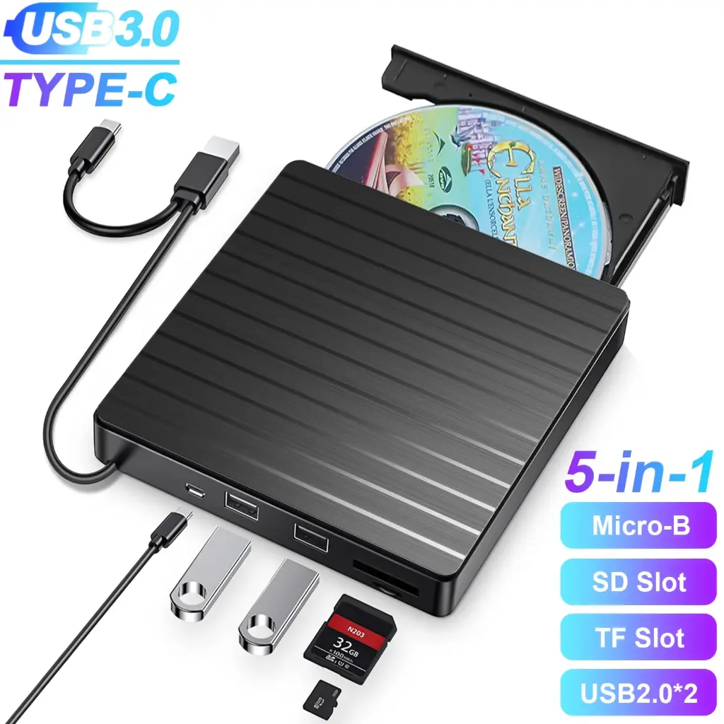 External CD DVD Drive for Laptop, 5-in-1 USB 3.0 Type-C CD DVD ROM +/-RW Burner Writer Reader, iFanze Slim Portable Optical Disk Drive CD DVD Player for Mac Book Linux OS Windows